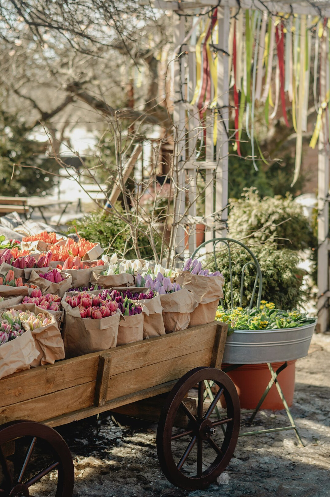 Fresh vegetables and flowers displayed at an outdoor market stall