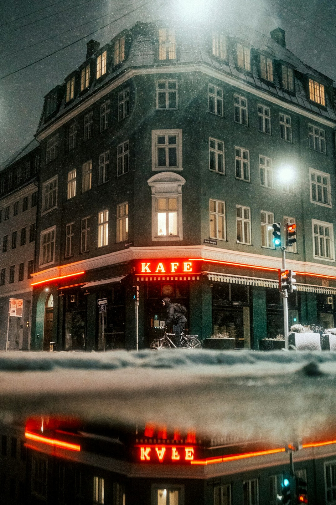 Snow covered street in a small Danish town in winter